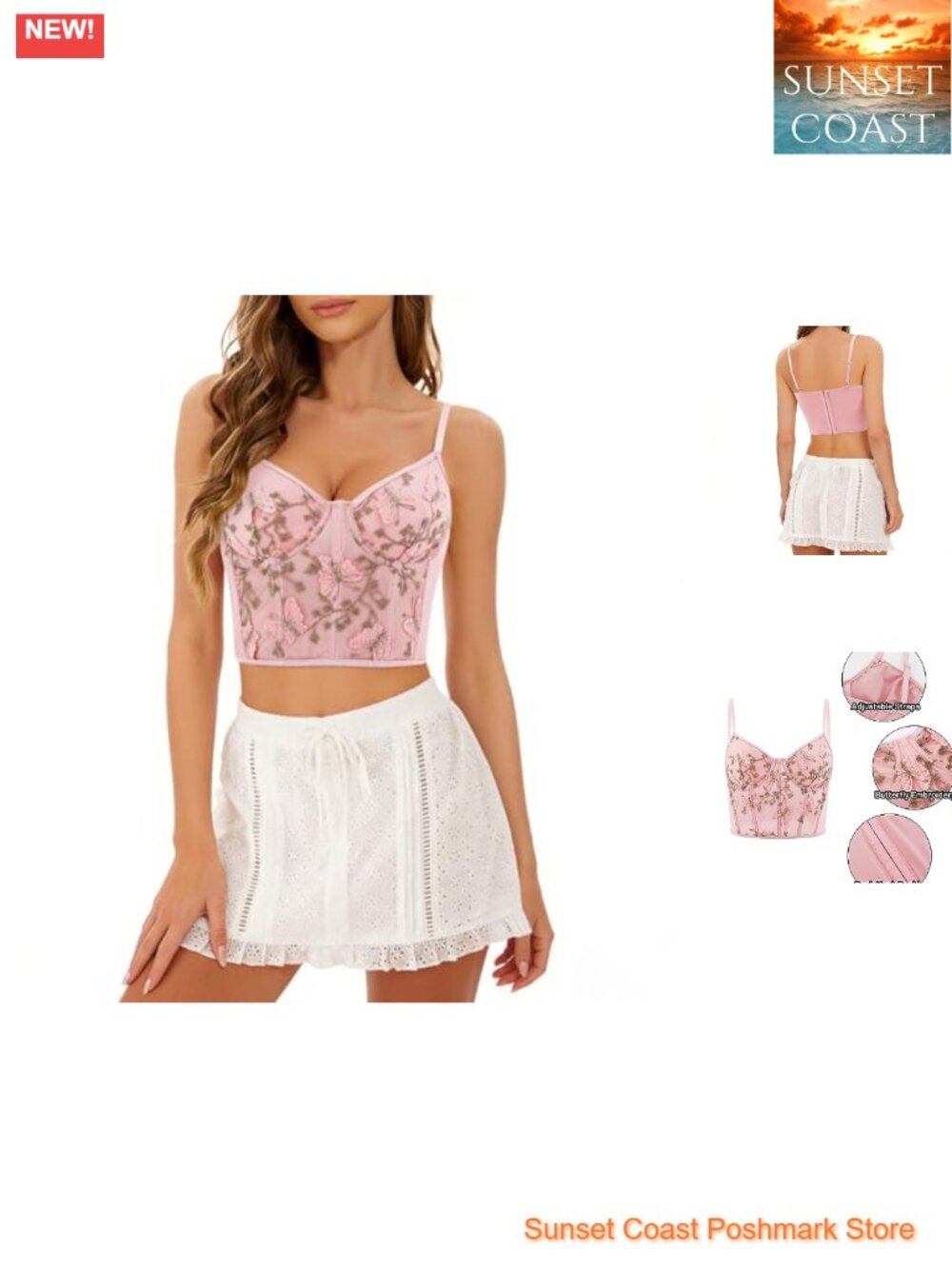 Women's Butterfly Embroidery Crop Top Spaghetti Strap V Neck Sleeveless Corset